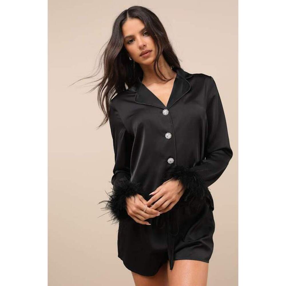 Lulus Lindon Black Satin Feather Two-piece Pajama Set - Size M